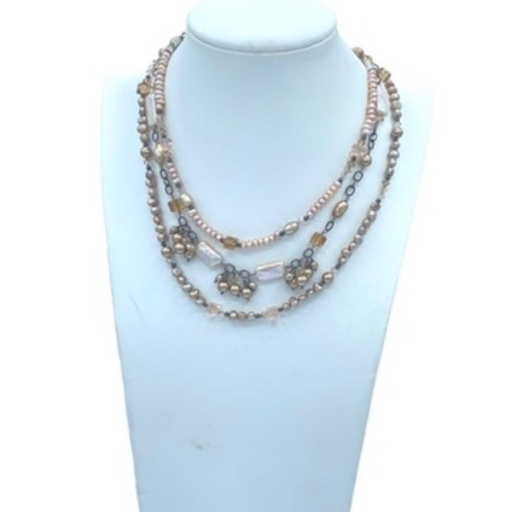 Tres Jolie Signed Multi strand necklace tiered with fresh water pearls sterling